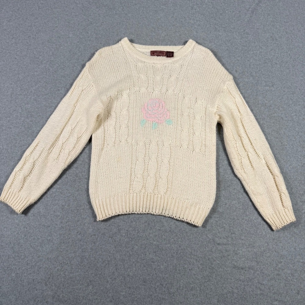 Worthington Vintage 90s Cream Cable Knit Rose Cottagecore Sweater Womens Medium
